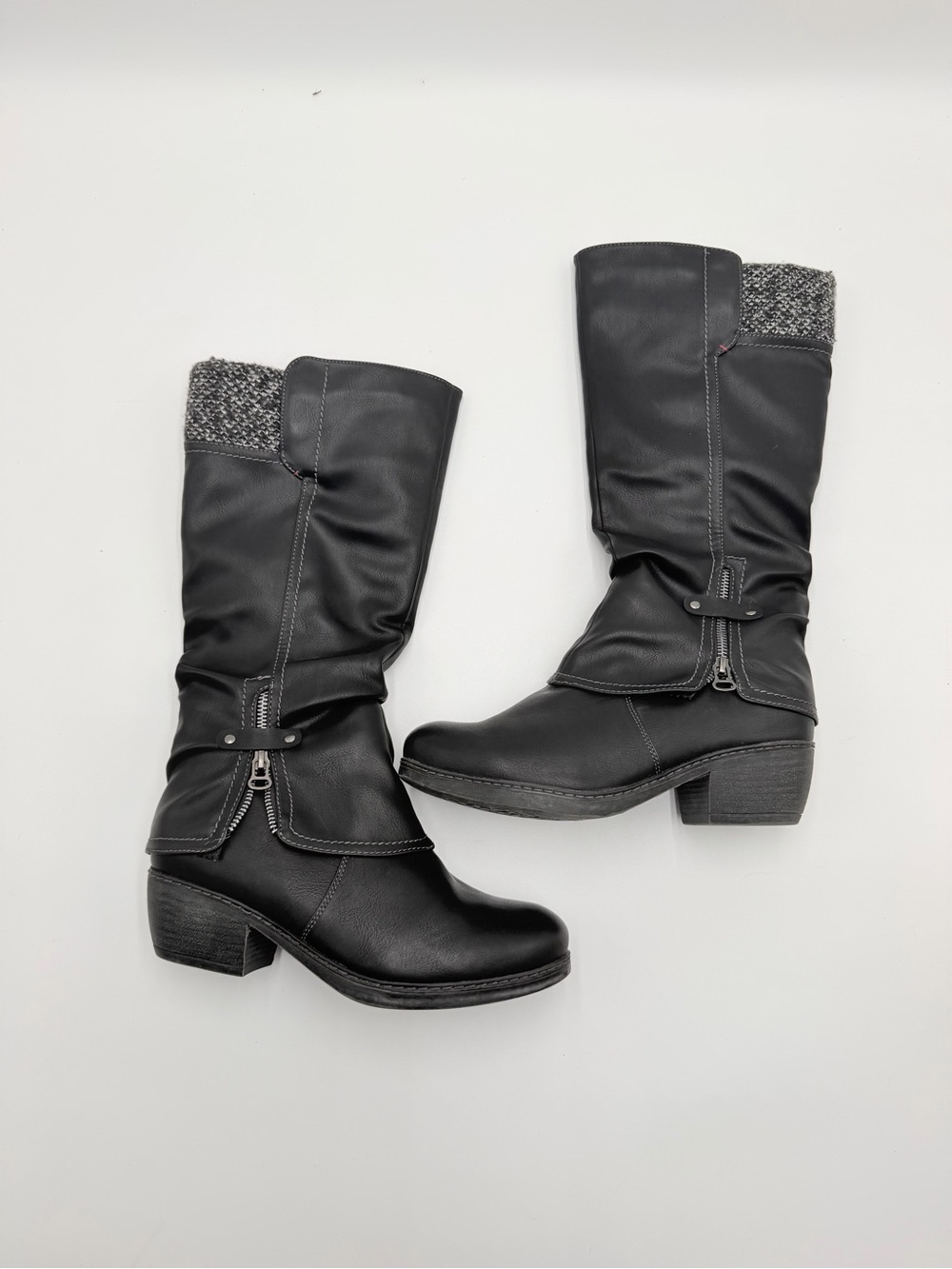 Patrizia Black Mid Calf Boots Womens 10 EU 41 Knit Cuff Moto Riding Zip Comfort